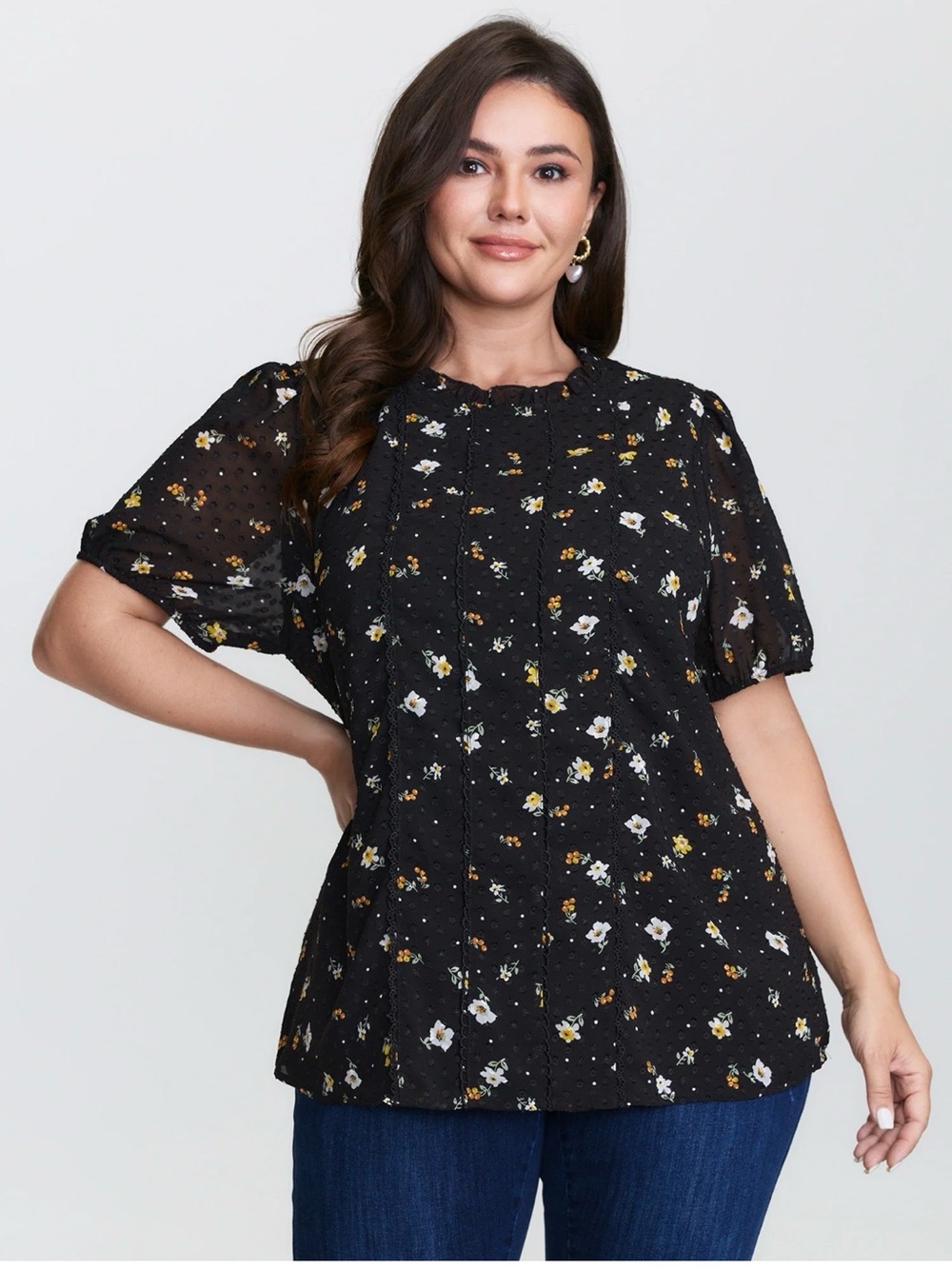 BloomChic Black Floral Puff-Sleeve Pintuck Blouse
